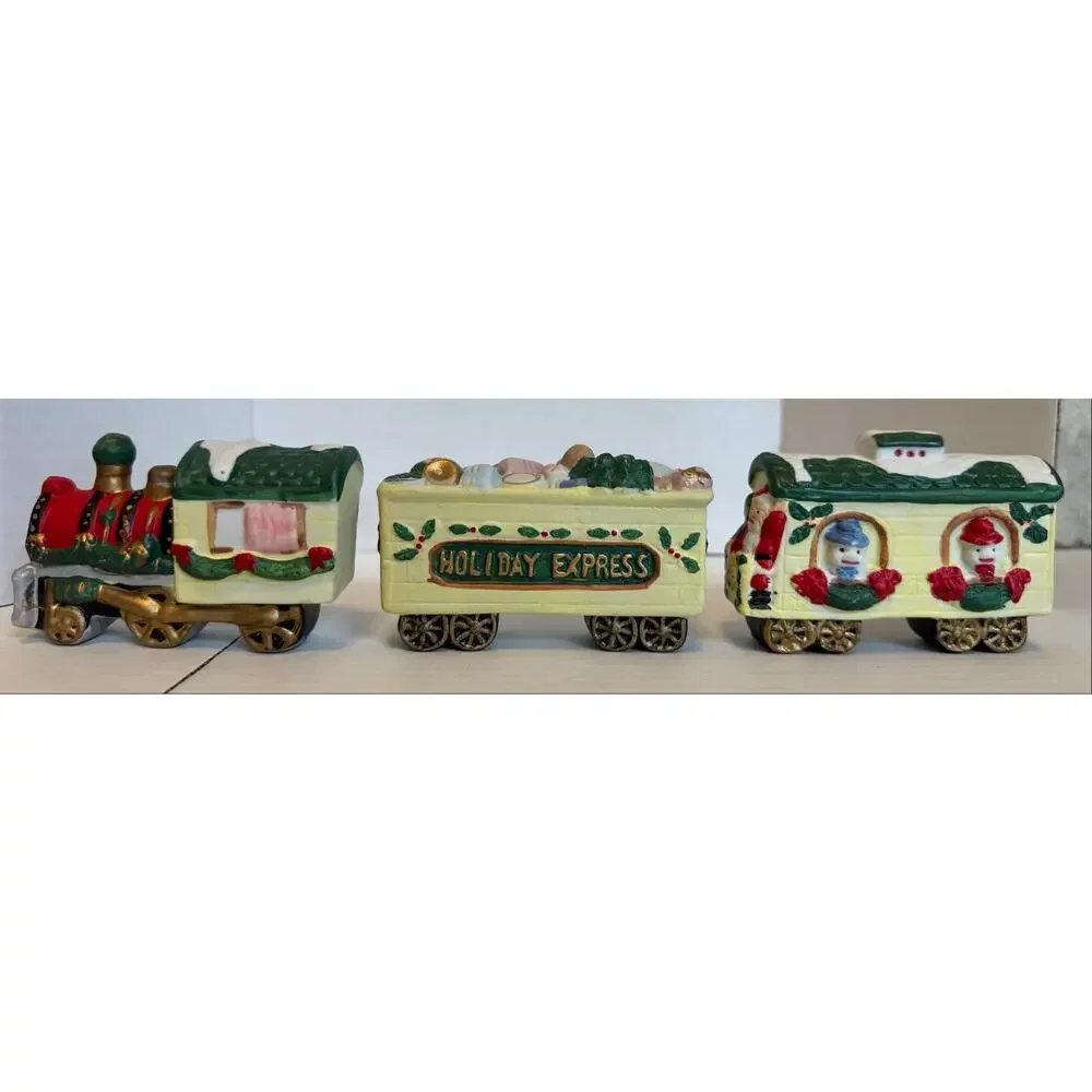 World Bazaars Holiday Express Train Set Hand Painted Porcelain Christmas 3 Pc